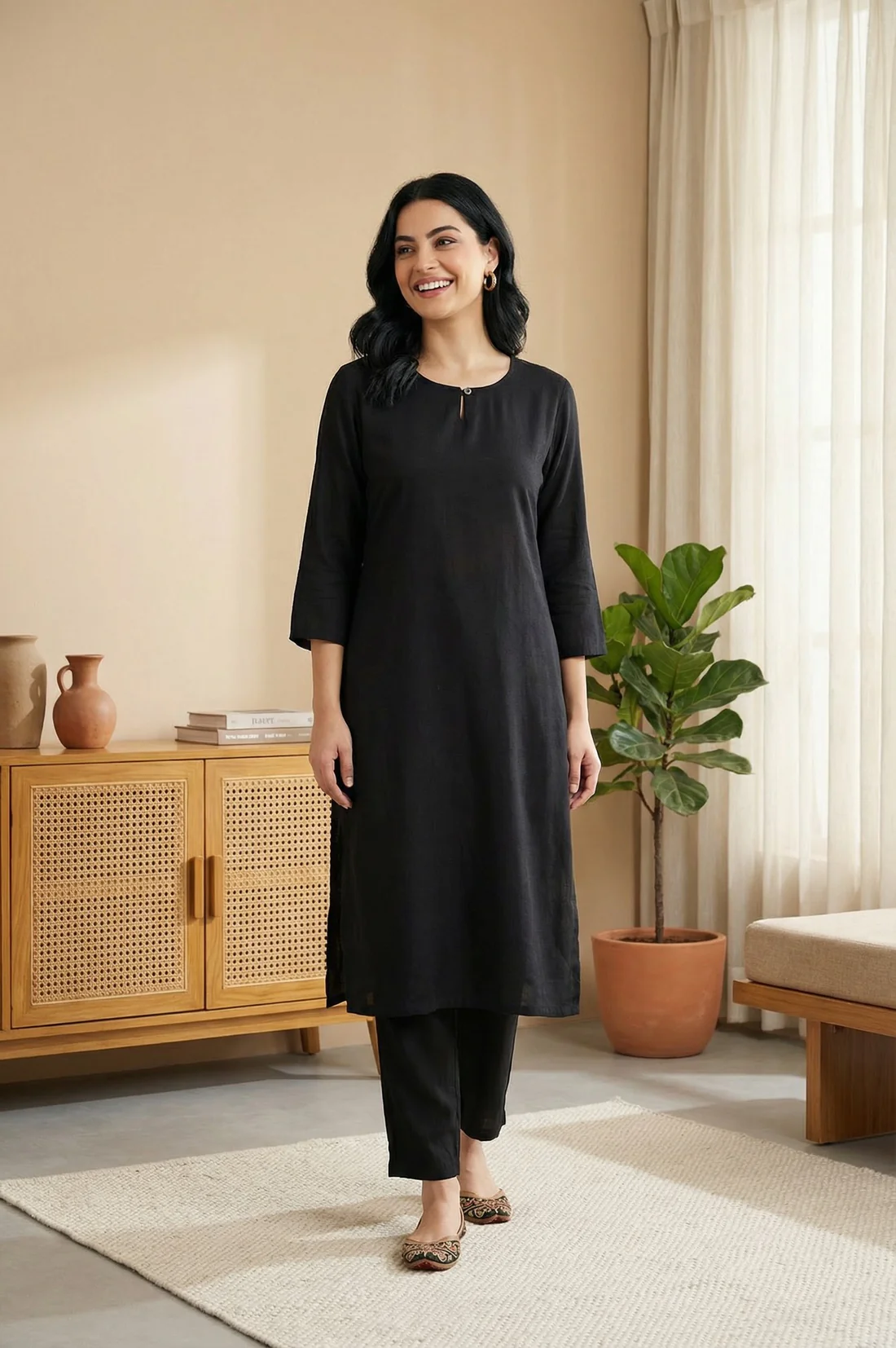 Black Solid Rayon Straight Kurta